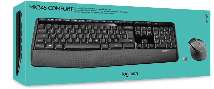 Packaging box of Logitech MK345 Wireless Keyboard and Mouse Combo displaying the keyboard and mouse with a 'Comfort' label.